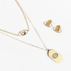 Gold Eye Pendant Necklace and Earring Set